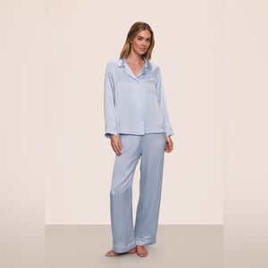 Eberjey Inez Washable Silk Long PJ Set Powder Blue Champagne Pajamas XS